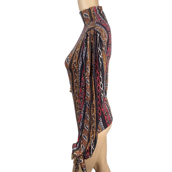 Free People Donatella Turtleneck Paisley Retro Stripe Boho Tied Sleeve Top SZ M - Picture 8 of 11